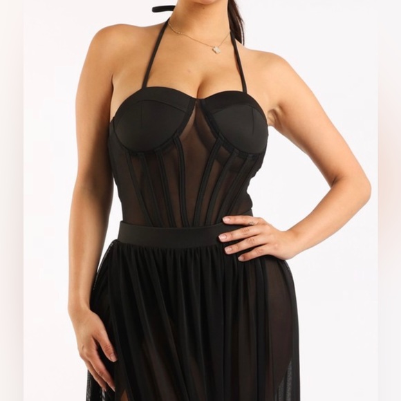 Black Mesh Maxi Skirt and Bodysuit Set - Picture 2 of 5